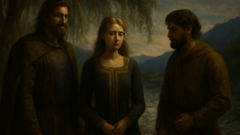 Gudrun, Kjartan, and Bolli by the willow-fringed river, love and tension clear between them