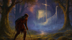 A knight discovers an enchanted ship in a misty forest cove