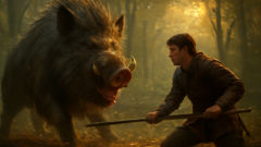 Guy of Warwick faces a giant wild boar in the tangled woods of Warwickshire.