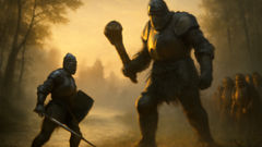 Guy of Warwick duels the giant Colbrand by the riverbank under a pale sky.
