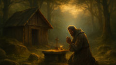 A humble hermit prays in a woodland cell as dawn breaks through ancient trees.