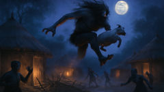 Le Hai-uri attaque un enclos à chèvres dans un village khoïkhoï sous le clair de lune.