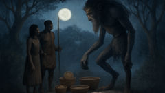 Nanni et Kubi offrent des cadeaux aux Hai-uri dans une clairière baignée par la lumière de la lune, entourée de rochers anciens.