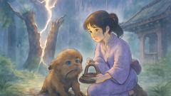 A young girl comforts the Abumi-guchi spirit as lightning strikes an ancient cedar in a stormy forest.