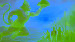 Hanuman salta sobre el océano hacia Lanka mientras los monos animan desde la orilla.