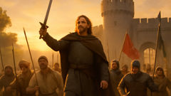 Havelok leads loyal followers in battle at dawn before a Danish fortress.