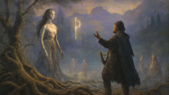 Eyvindur deep beneath Yggdrasil’s roots, facing Hel and receiving a luminous rune.