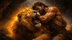 Nas trevas da caverna, Hércules estrangula o leão invencível com as mãos nuas.