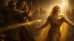 Guiado por la mano traicionera de Loki, Hodr, ciego, lanza el dardo que matará a su hermano.