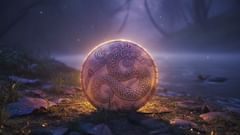 Une vue détaillée d’un gorget en coquille gravé montrant le corps sinueux et la tête cornue du motif du Grand Serpent Cornu.