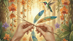 The first breath: a tiny hummingbird awakens among blossoms after the gods weave leftover feathers into a living thing.