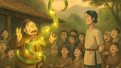 Magical hundred-knot bamboo coils around a shocked landlord in a crowded Vietnamese courtyard.