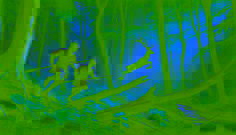 Hunor y Magor persiguen al ciervo dorado por un bosque vibrante, con lanzas en mano, mientras el ciervo salta sobre un árbol caído.