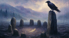 A stone circle in Iceland with a raven perched on top, mist swirling around.