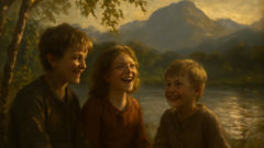 Three Icelandic children by a river in Laxardalr, surrounded by birch trees