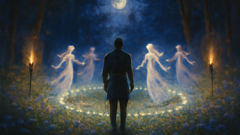 Iele dancing in a glowing moonlit ring as Sorin watches in awe