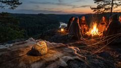 يتلألأ حجر مطلي قرب نار المخيم بينما تتجادل الفرقة حول الحظ الغريب الذي جلبه الحجر، ويتلاشى ظلّ إكْتومي في العشب.