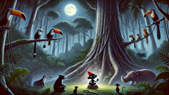 Saci Pererê under a giant ceiba tree at night, animals gathered around him
