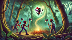 Saci Pererê stops woodcutters with a whirlwind in a sacred rainforest grove