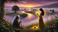 Aisling makes her wish with the golden apple by a misty Irish river as dawn breaks.