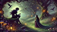 The Puca, in human form, poses riddles to Aisling in a moonlit Irish glade.