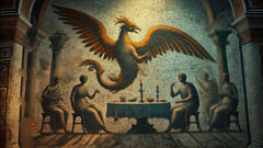 Fragmento de mosaico tardoantiguo que muestra a una arpía flotando sobre un banquete, con las teselas brillando.