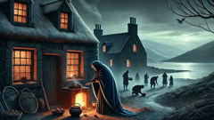 Una Cailleach envuelta en un chal, junto a un fuego de turba, mientras varias personas dejan ofrendas bajo los aleros.