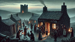 Vizinhos da fronteira realizando rituais de proteção contra o Capuz Vermelho, usando ferro e rowan.