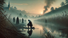 Der Erbe von Lambton in grober Eisenrüstung stellt sich dem riesigen Wurm am brennenden Flussufer gegenüber.