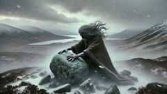 Cailleach Bheur da forma a piedra y nieve bajo un cielo gris.