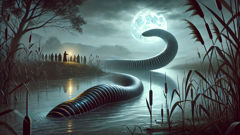 Die Schlingen des Lambton-Wurms ziehen sich entlang eines mondbeschienenen Flussufers, während Dorfbewohner aus der Ferne zuschauen.