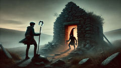 Thomas, o guarda da fronteira, encara o Redcap ao crepúsculo com um cajado de ponta de ferro.