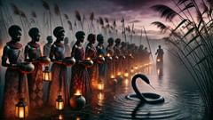 Una escena ritual junto al río: ofrendas, cañas y la persistente presencia de la Bida.