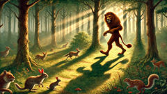 Los animales del bosque se acobardan de miedo mientras Melas desfila con la piel de león en los bosques arcadios.