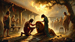 Woodman recorta las garras de Leonidas mientras los aldeanos observan; Callista está cerca, con lágrimas en los ojos.