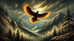 A golden eagle plummets from the sky, struck by an arrow fletched with its own feather.