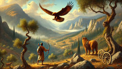 A golden eagle circles high above while a lone archer watches from below.