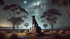 O monumento de bronze do Cachorro na Caixa de Ração sob o Cruzeiro do Sul à noite, perto de Gundagai