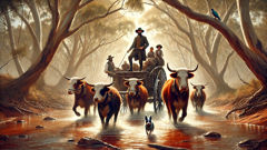 Uma equipe de bois e o condutor com um cachorro Blue Heeler atravessando um riacho no mato perto de Gundagai.