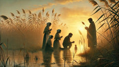 A family kneels in a misty marsh at sunrise, offering bread and honey as a boggart watches.
