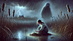 A brave girl faces a ghostly boggart by a marsh at night as rain falls.
