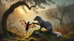 Une belette âgée au pelage gris scrutant une chauve-souris tremblante à l’aube.