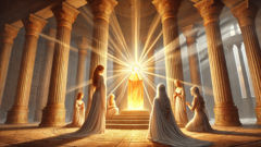 Elara is chosen as the sunstone keeper in a sunlit Greek temple surrounded by priestesses.