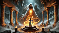 Elara confronts Erebus, spirit of night, in a shadowy cavern as the sunstone glows fiercely.