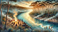 Wagyl spirit shimmering in river waters as Noongar people camp along banks
