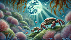 Mother crab and son learning together beneath ancient Greek waters at night