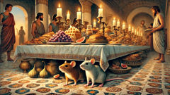 Dois ratos sob uma grande mesa em um antigo salão de banquetes grego, com comida e sombras.