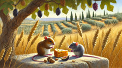 Dois ratinhos compartilham sementes de cevada e amoras sob uma figueira, com campos ao fundo.