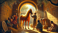 Lysandros trançando a crina de Xanthos enquanto os moradores da vila admiram o cavalo no estábulo banhado pelo sol.