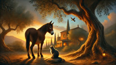 El burro se queda pensativo bajo los olivos al atardecer, reconfortado por un viejo gato sabio de la casa.